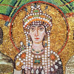 A closeup of Theodora with her elaborate headdress and jewels. 