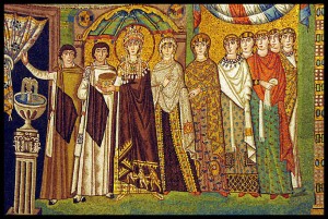 Empress Theodora and her attendants. Church of San Vitale, circa 547. 
